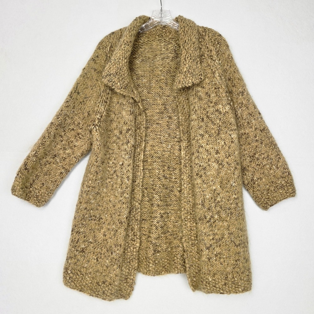 Vintage Hand Knit Chunky Cardigan Sweater Tan Oatmeal Marl Open Front Oversized